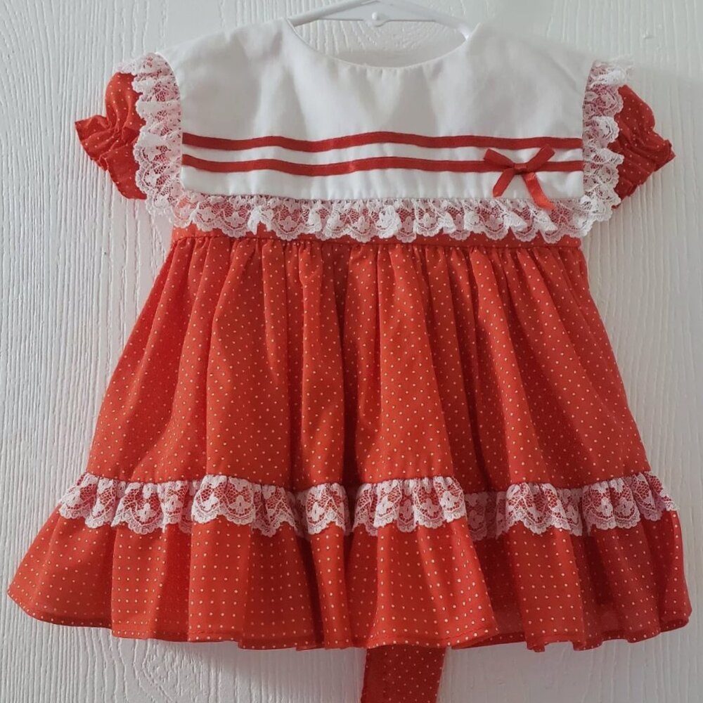 Vintage Kandy Ann Girls' Dress - Red with Small Dots & Ruffles - Made in the USA